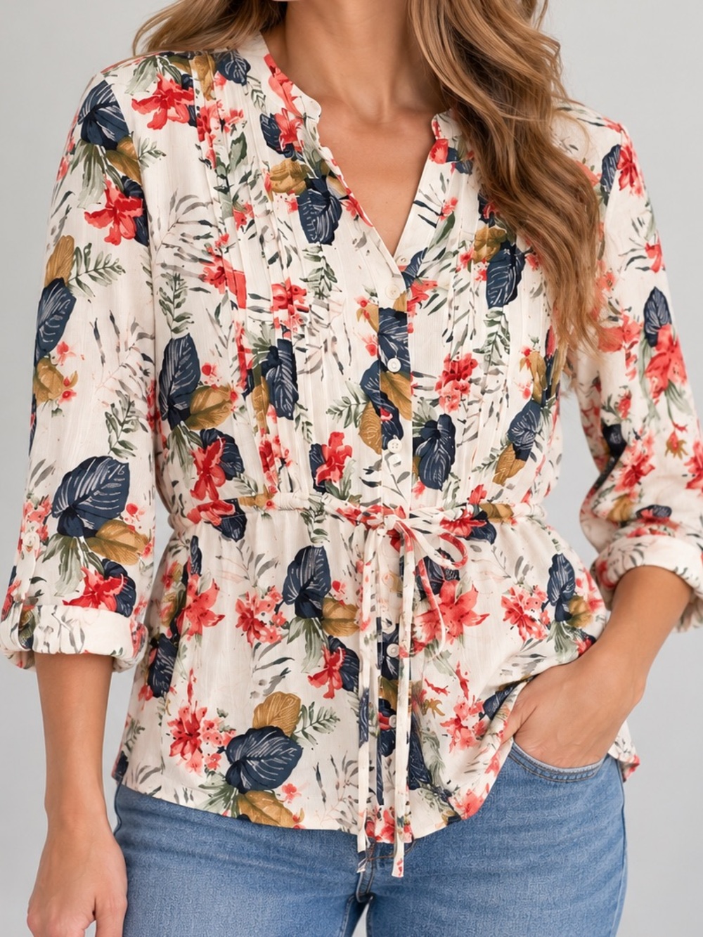 Hilary Radley Tropical Floral Rayon Tie Waist Tunic Blouse M